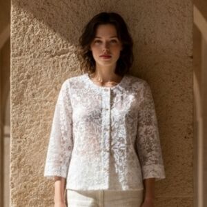 Lark Lane Burnout White Roll Tab Sleeve Chinch Waist Button  Drawstring Waist 12